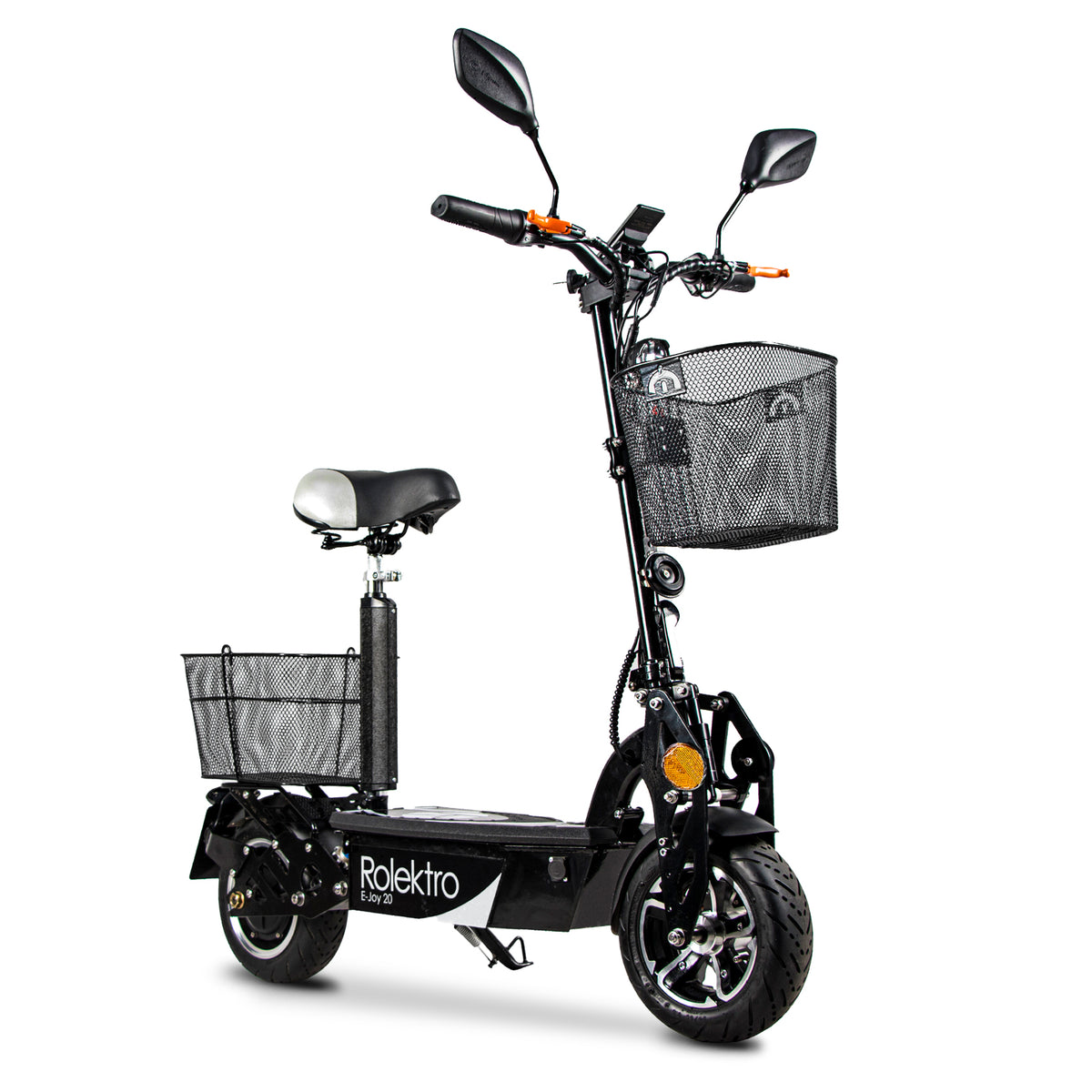 Rolektro E-Joy 20, scooter elettrico pieghevole con sella e doppio cestino, vista completa