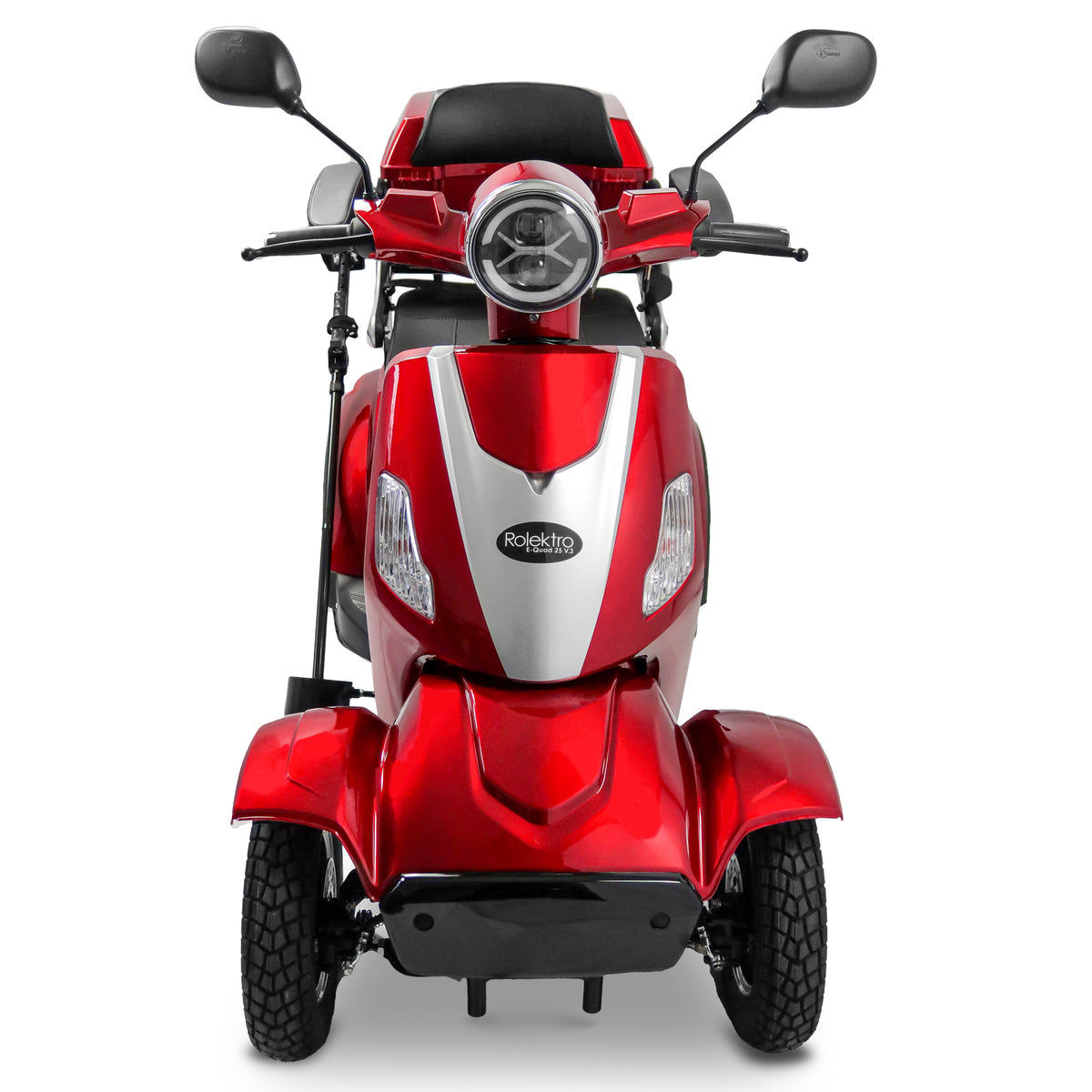 Frontale dell'E-Quad 25 con faro rotondo a LED, specchietti e indicatori di direzione