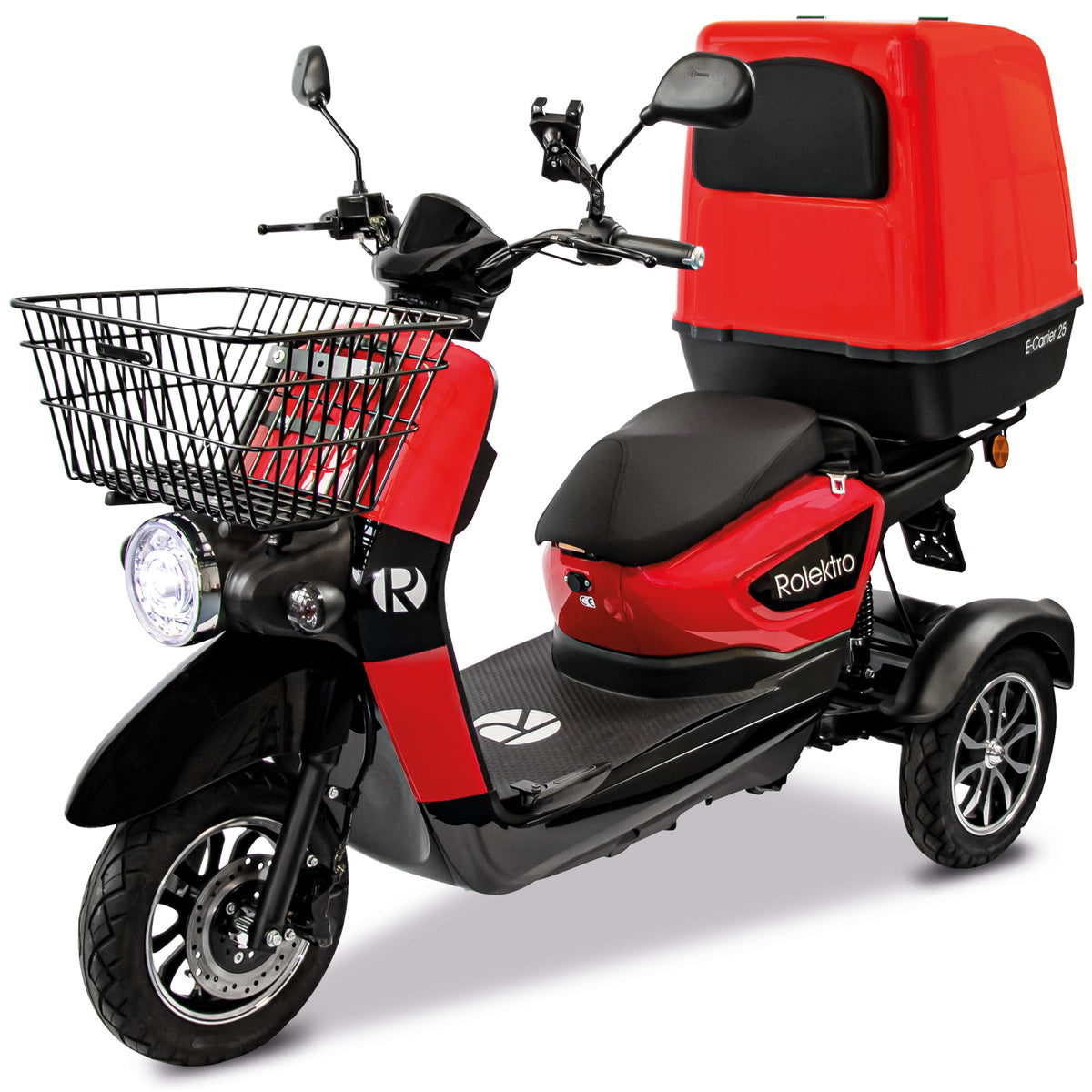 Vista laterale del triciclo elettrico Rolektro E-Carrier 25 con cesto anteriore metallico e box termico da 100 litri