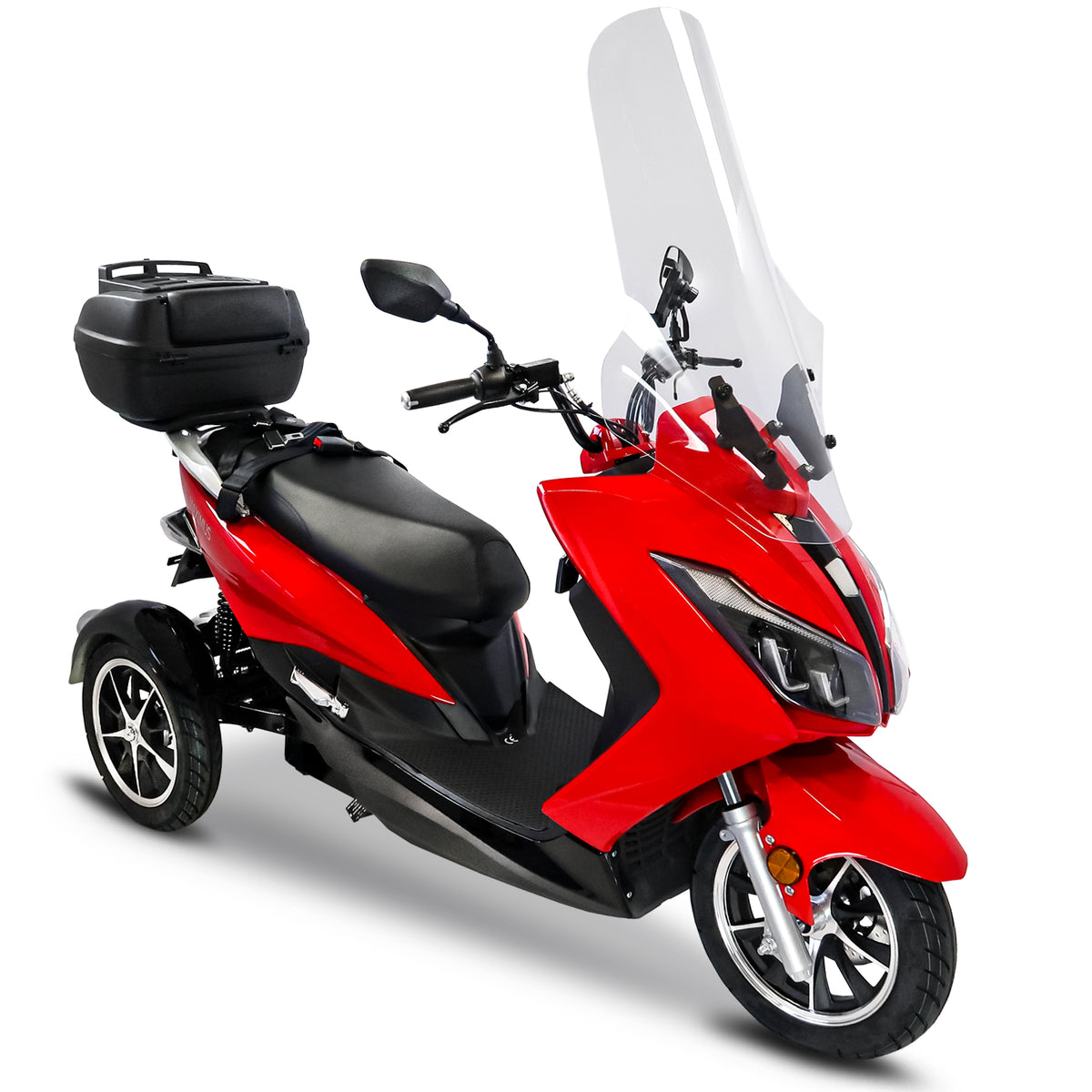 Rolektro Maximus MX3-25, triciclo elettrico biposto rosso e nero da 25 km/h con maxi parabrezza e tre ruote