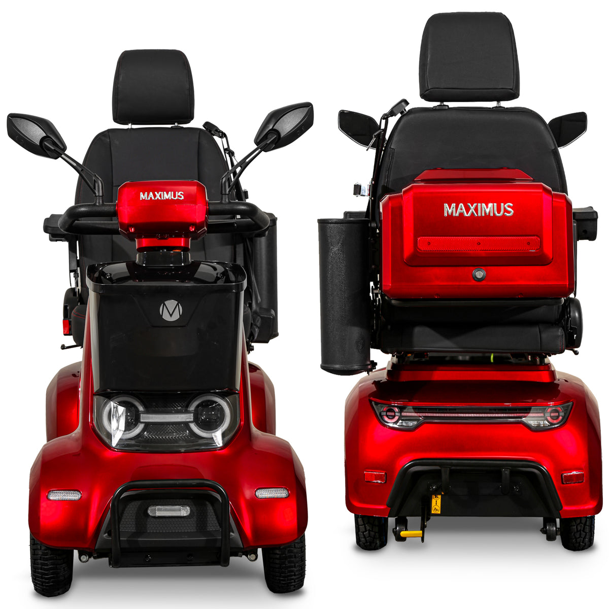 Maximus MX4 vista frontale e posteriore: fari LED, specchietti, top case, fanaleria posteriore e ruotini antiribaltamento