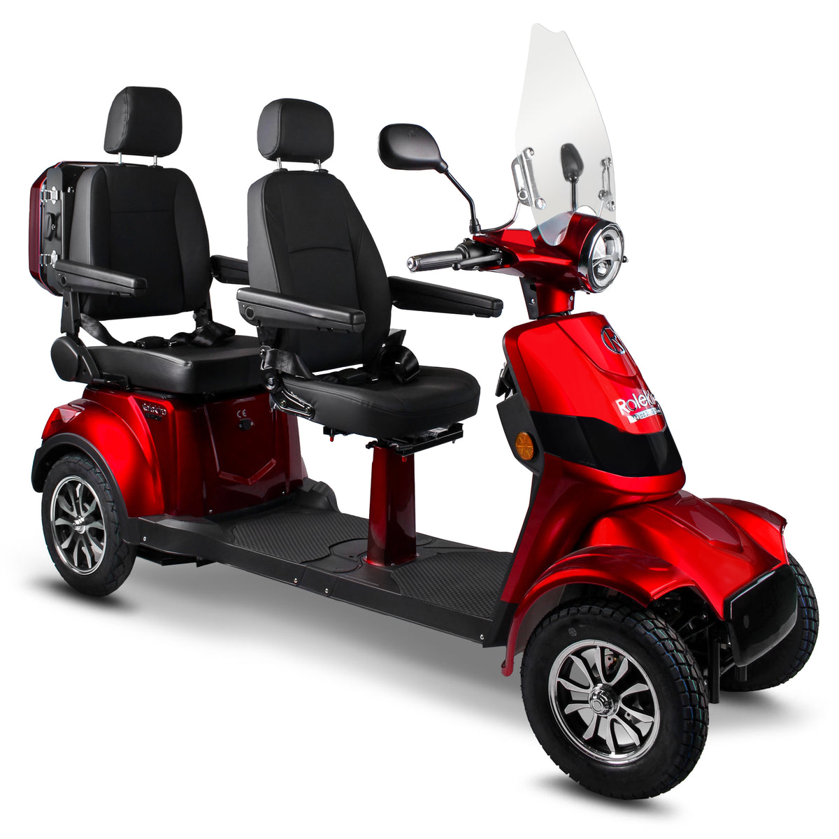 Rolektro E-Quad 25 Duo, scooter elettrico a quattro ruote biposto, rosso, con due sedili capitano, parabrezza e top case