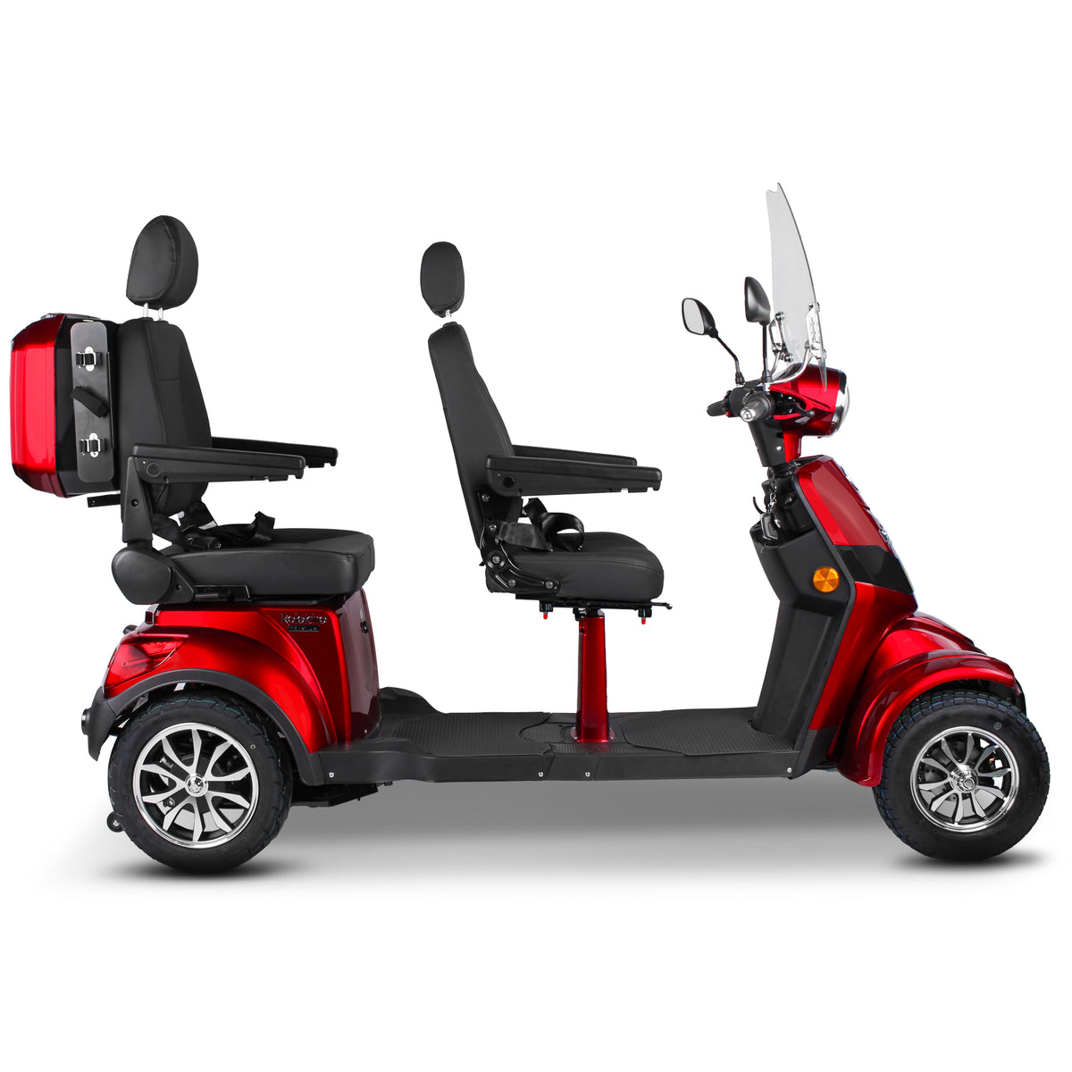 E-Quad 25 Duo vista laterale che mostra le due sedute capitano in tandem, il pianale lungo e il parabrezza