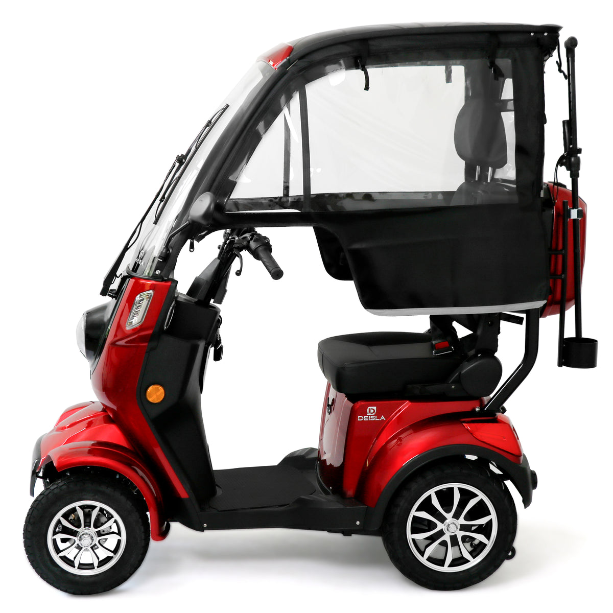 Deisla DS4 vista laterale, quadriciclo elettrico coperto con passo lungo e assetto ribassato